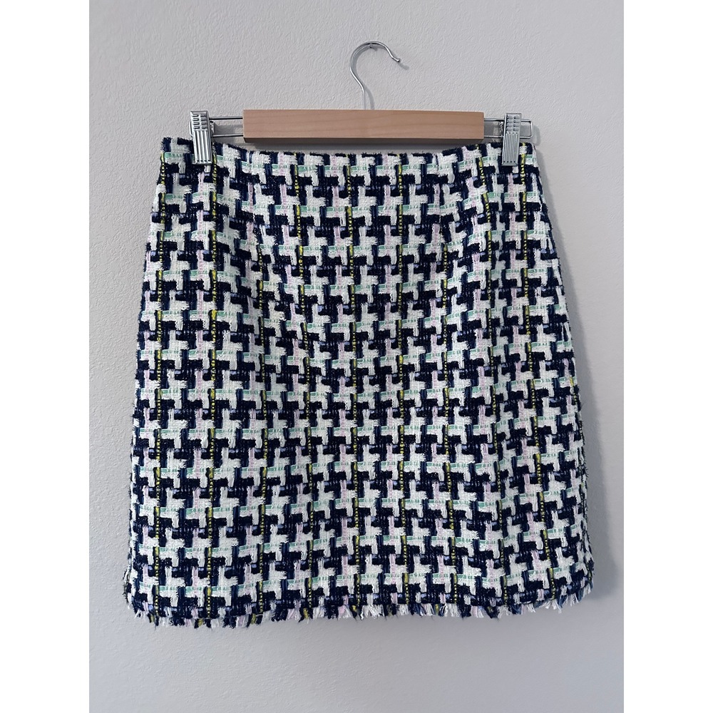 Ann Taylor Tweed Mini Skirt 6P Navy White Houndstooth Excellent Frayed Hem